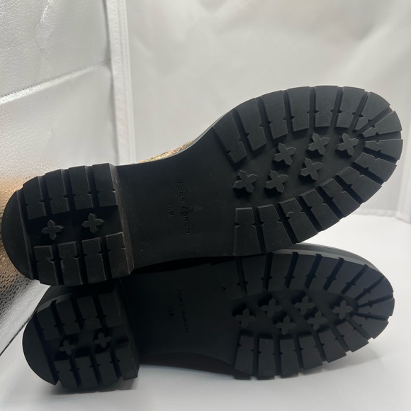 TORY BURCH MILLER 50MM LUG SOLE BOOT ROSEGOLD METALLIC TWEED BROWN LOGO - Picture 8 of 12